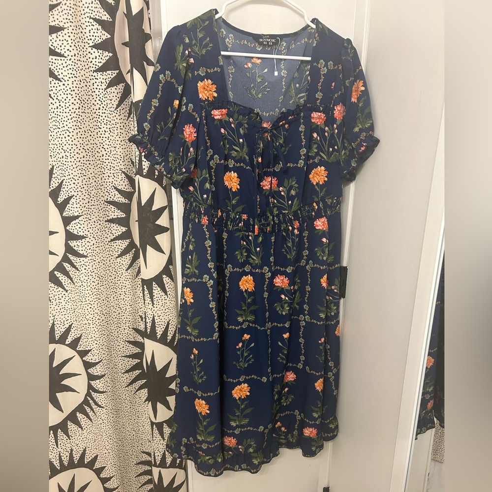 BloomChic Navy Dress with Orange & Pink Floral Print